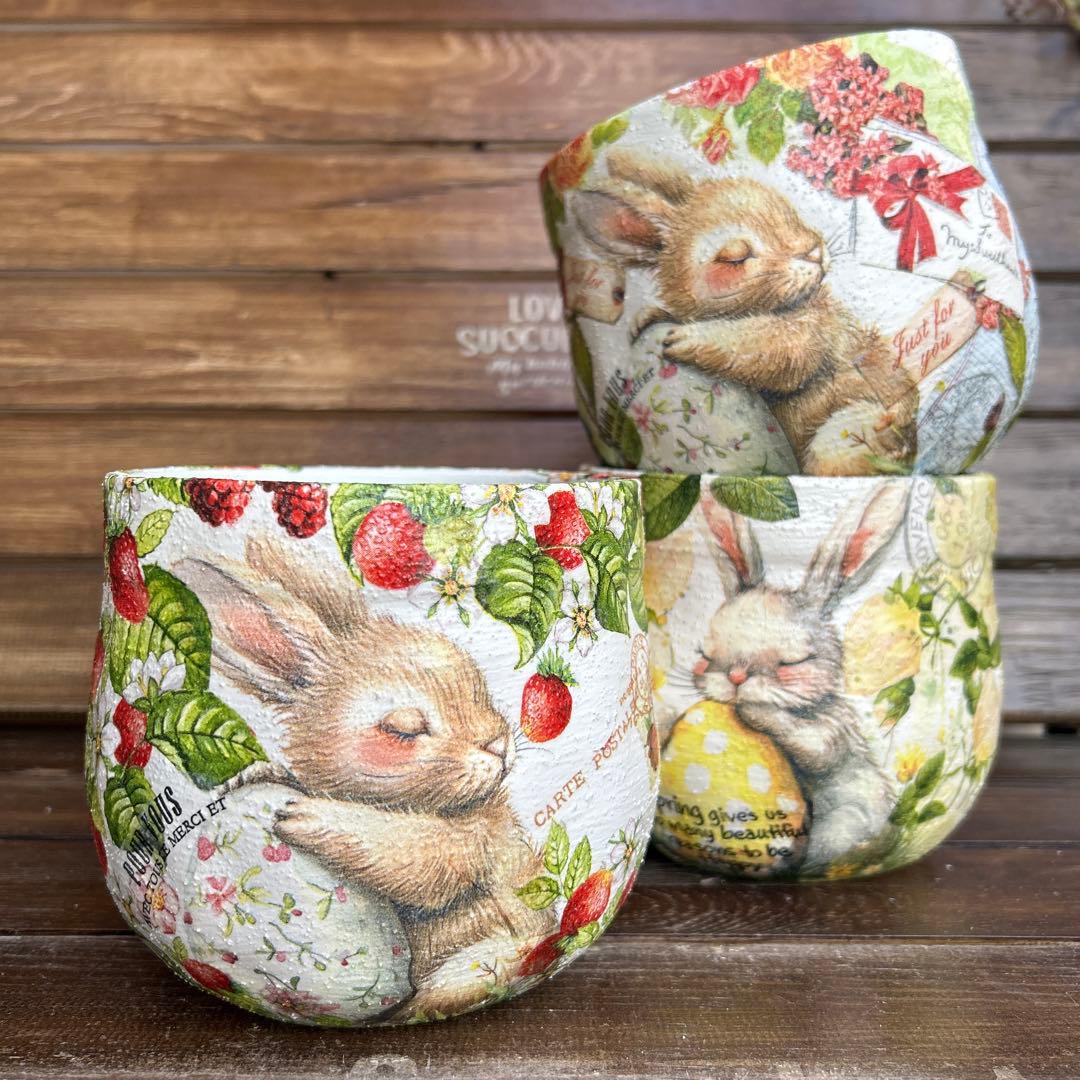 Yoさまご購入済　4号ふっくら丸鉢 白色たまごを抱いたうさぎさん といちご