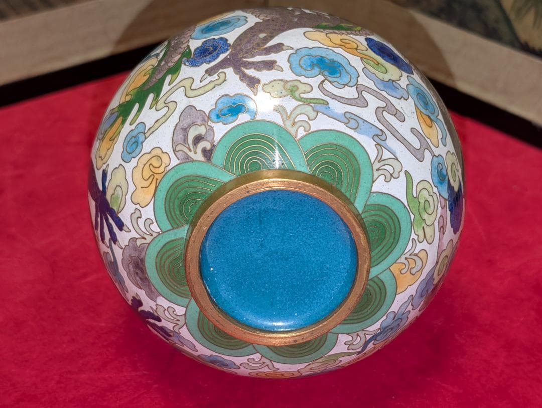 古美術　飾り壺　花瓶　一輪挿し　七宝　瓢箪　雲龍絵　レア　台付