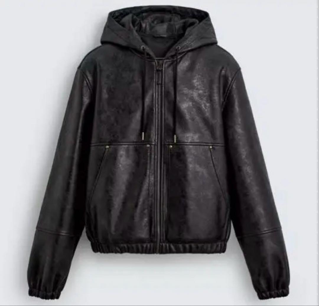 ZARA レザー ジップパーカー フーディー　S