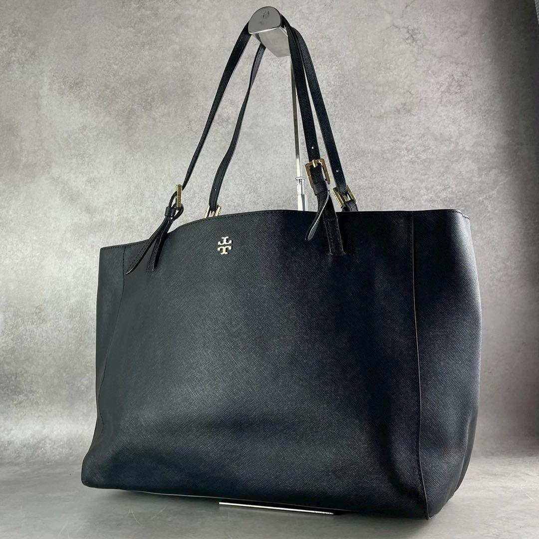 美品✨A4可 トリーバーチ トートバッグ オールレザー 肩掛け ロゴ金具 黒