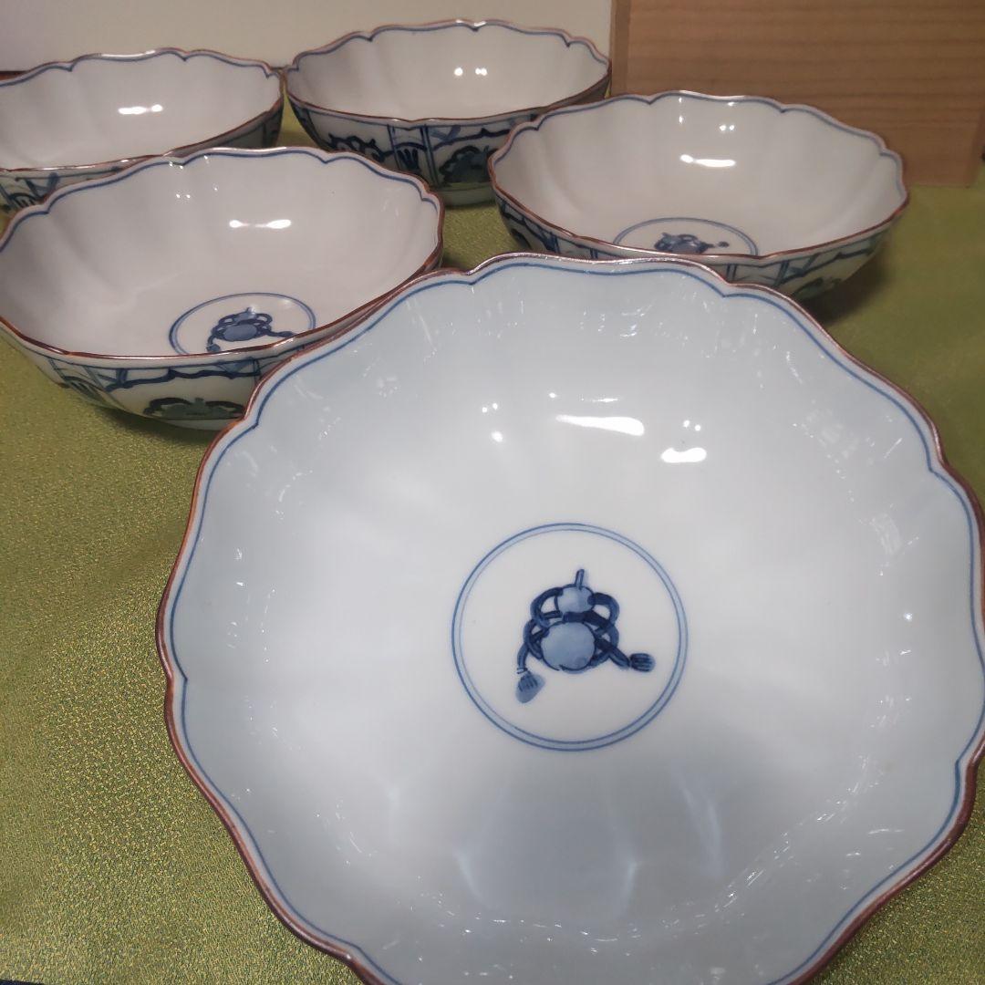 九谷焼　香祥窯　染付　宝尽くし 小鉢 中皿　 八角皿 輪花 手描き 未使用品