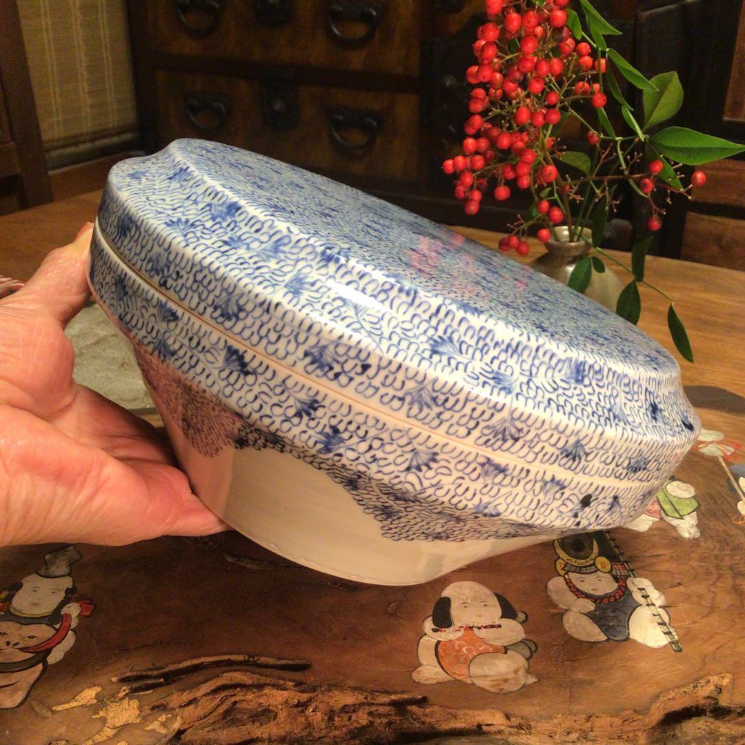 A895 古伊万里　染付　　微塵唐草　　蓋物