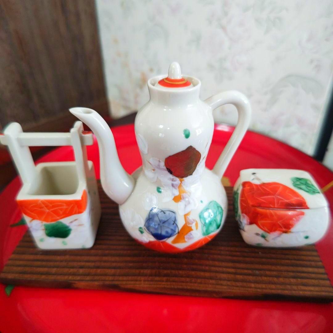 和風陶器醤油 継ぎ、辛子入れ、楊枝差しセット