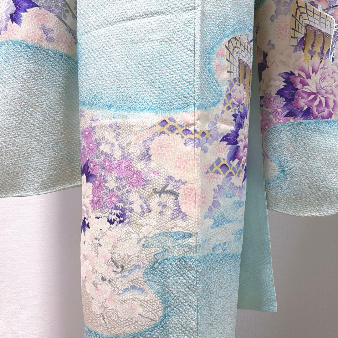 4 振袖フルセット 正絹 難あり 水色 紫 ピンク 銀彩 絞り 小柄さん レトロ