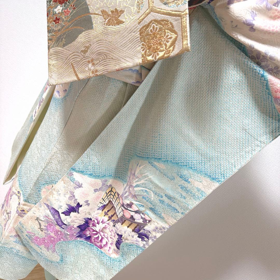 4 振袖フルセット 正絹 難あり 水色 紫 ピンク 銀彩 絞り 小柄さん レトロ