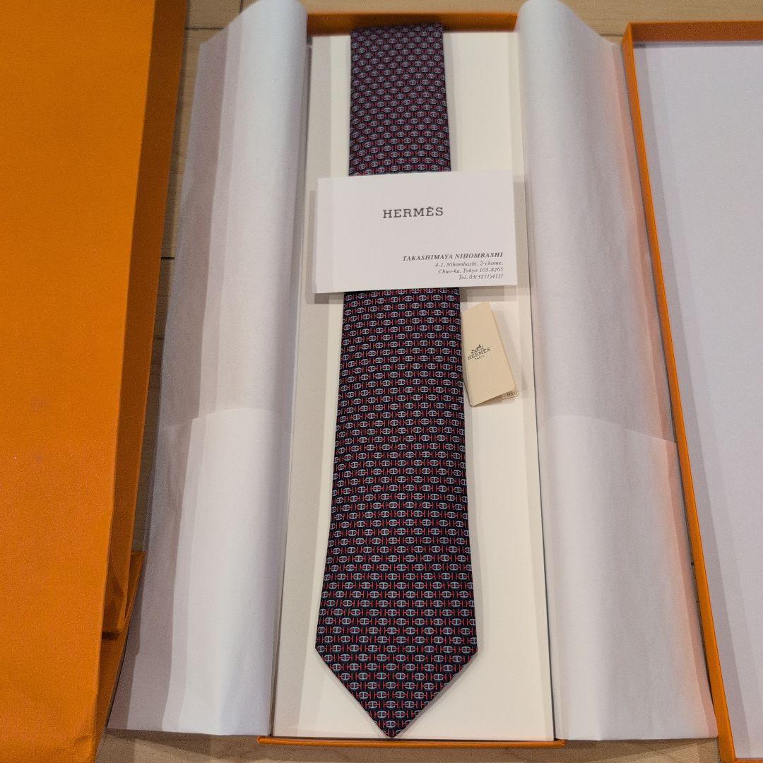 新品 HERMÈS エルメス シルクネクタイ ネイビー レッド