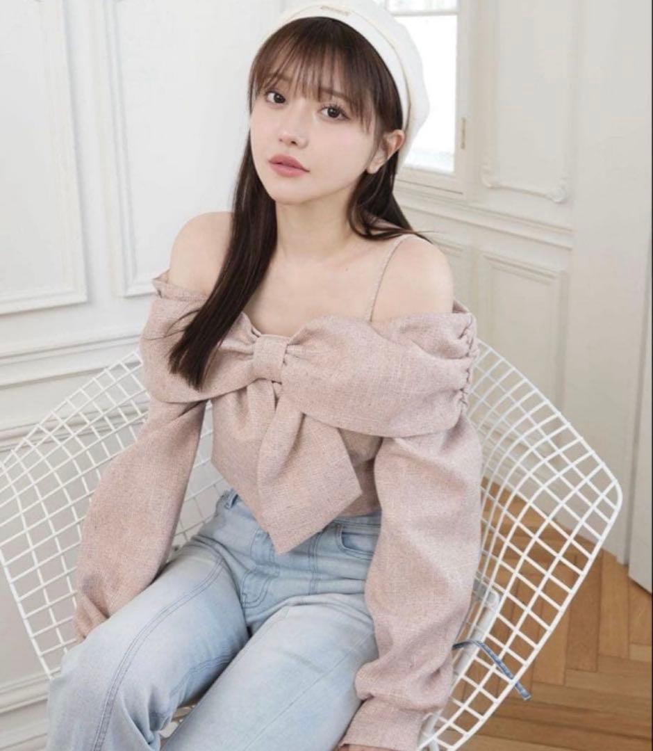 LIPSERVICE リボンオフショルロングスリーブトップス ピンク