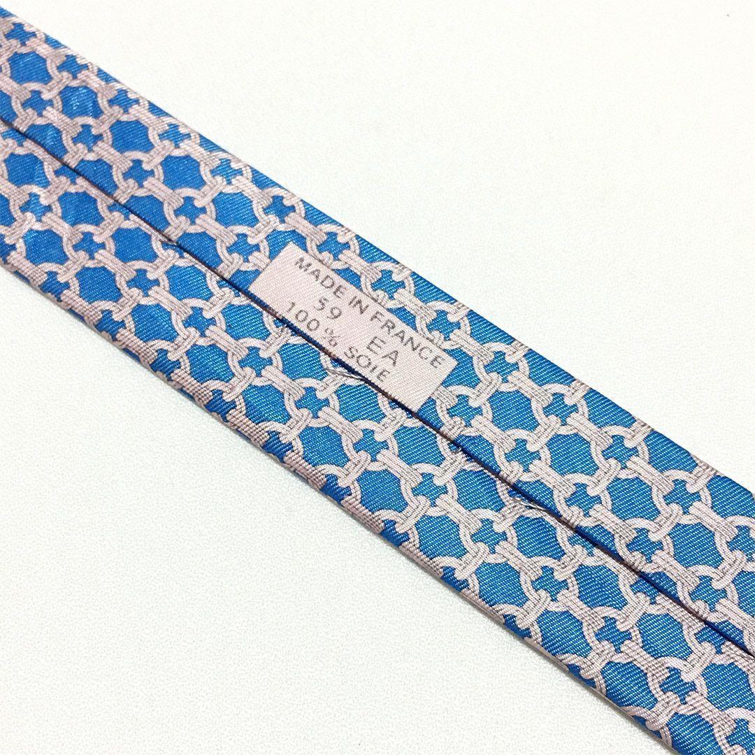 未使用級 エルメス HERMES ネクタイ シルク ブルー ペールピンク 総柄