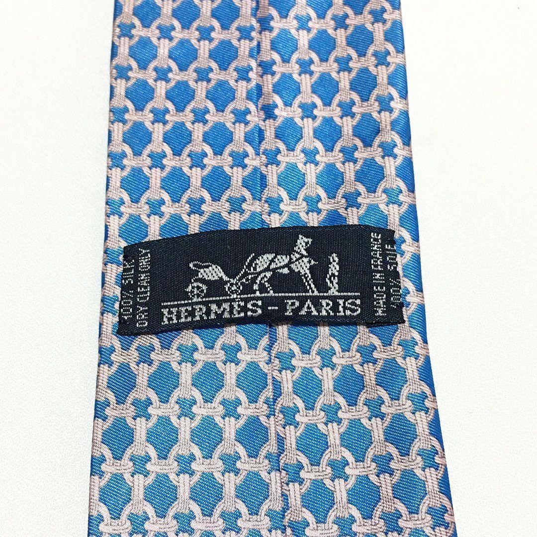 未使用級 エルメス HERMES ネクタイ シルク ブルー ペールピンク 総柄