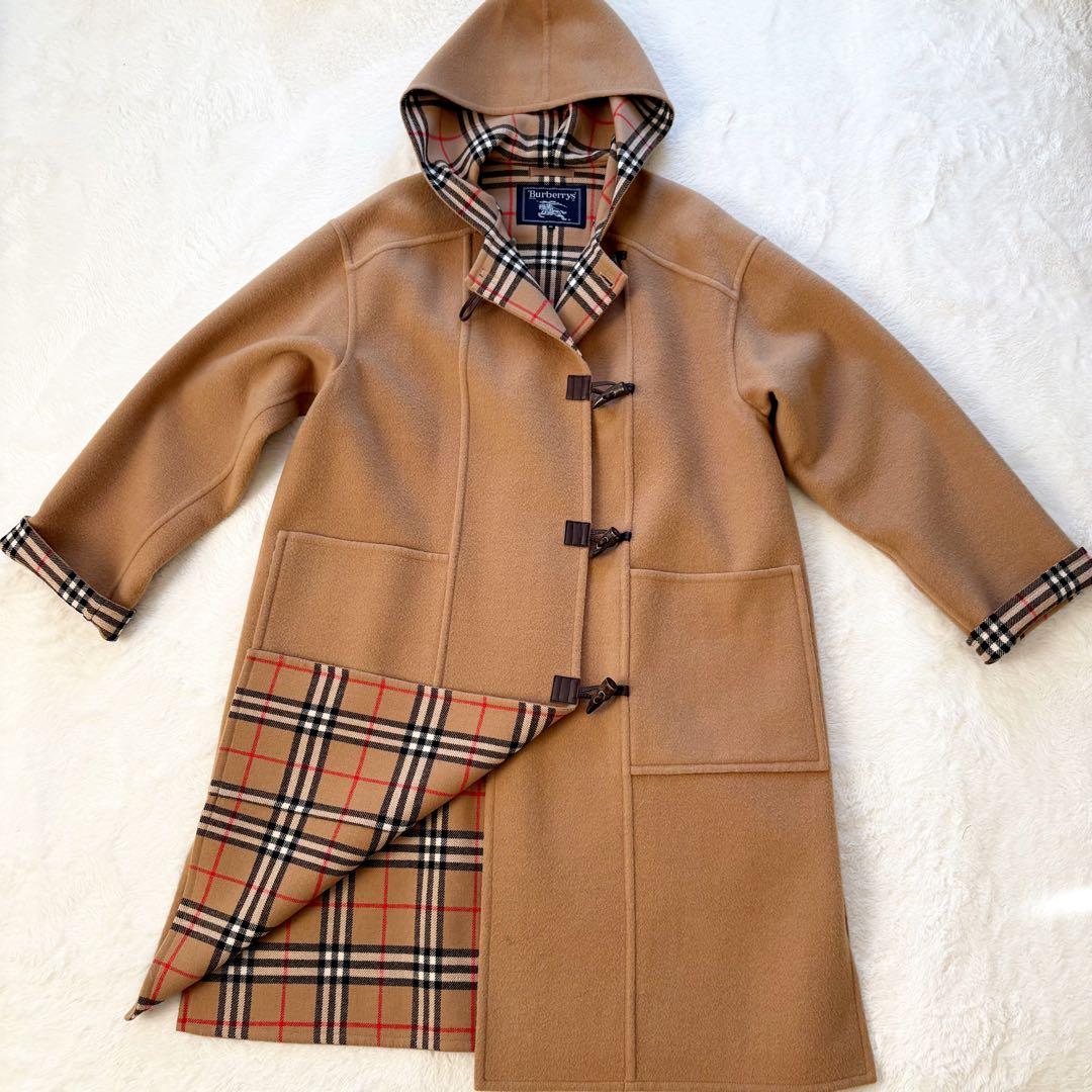 極美　バーバリーズ　ノバチェック　フーテッドコート　ダッフル　カシミヤ L
