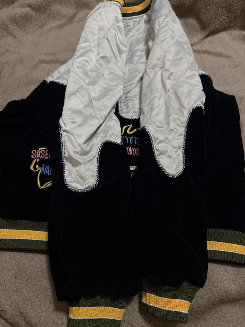 未使用 日本地図 スカジャン 鶴 unisex 美品 サテン 別珍