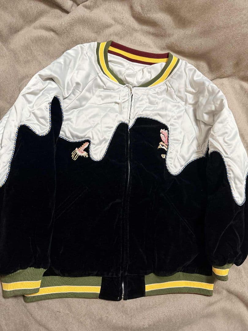 未使用 日本地図 スカジャン 鶴 unisex 美品 サテン 別珍