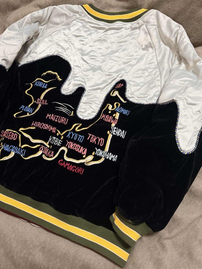 未使用 日本地図 スカジャン 鶴 unisex 美品 サテン 別珍