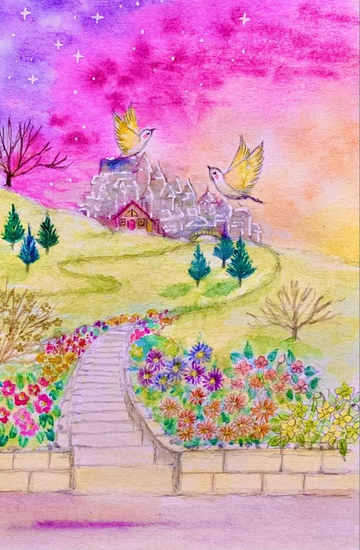 momorin水彩画 街を望む丘　値段は※900円です