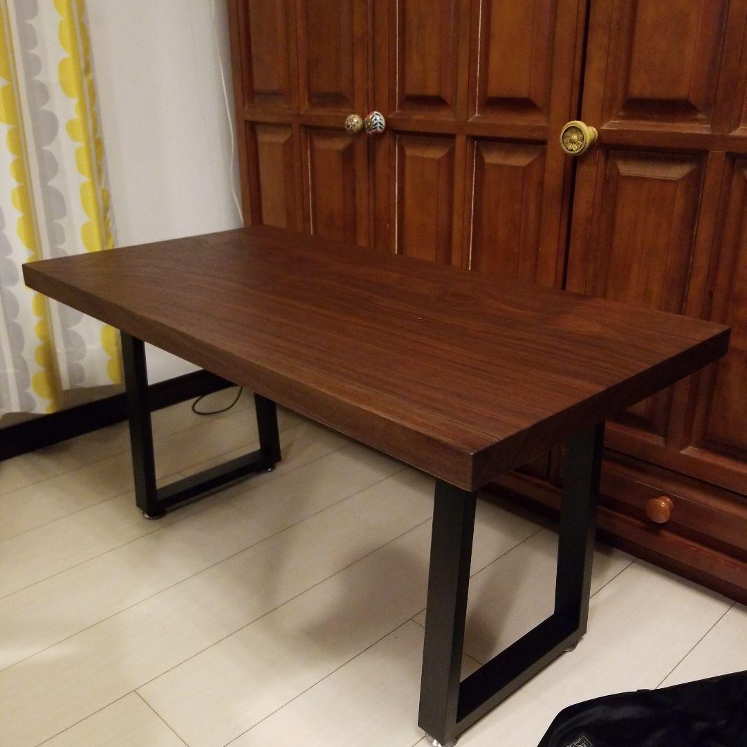 贅沢品☆ウォールナット無垢材 1枚板ローテーブル 黒スチール脚 アジャスター付き