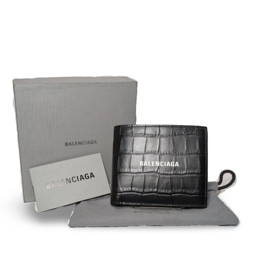 【極美品】BALENCIAGA クロコ型押しレザー　二つ折り財布 黒