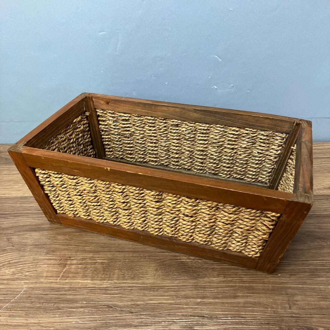 4F 木製フレーム 編み込みバスケット 収納かご アンティーク調 天然素材