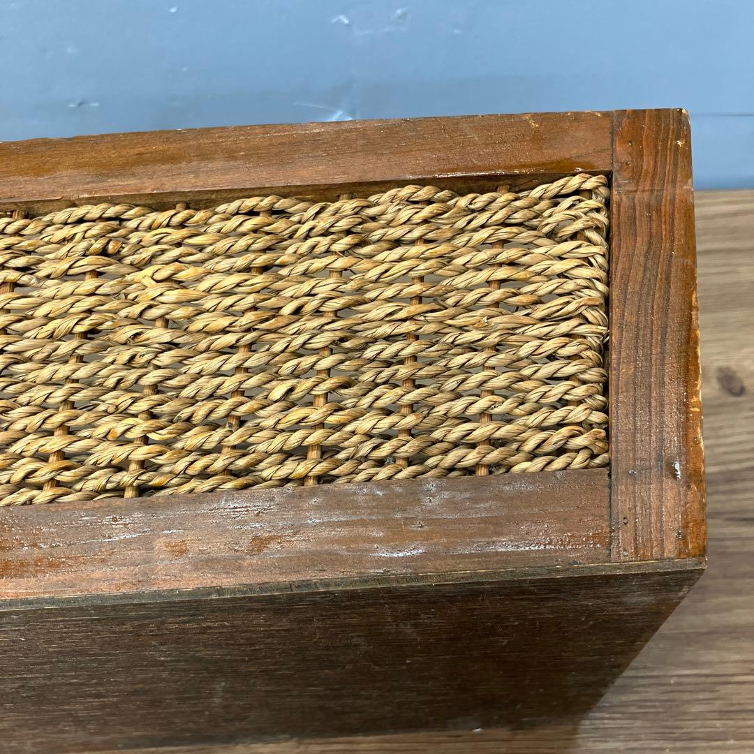 4F 木製フレーム 編み込みバスケット 収納かご アンティーク調 天然素材