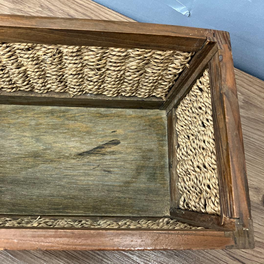 4F 木製フレーム 編み込みバスケット 収納かご アンティーク調 天然素材