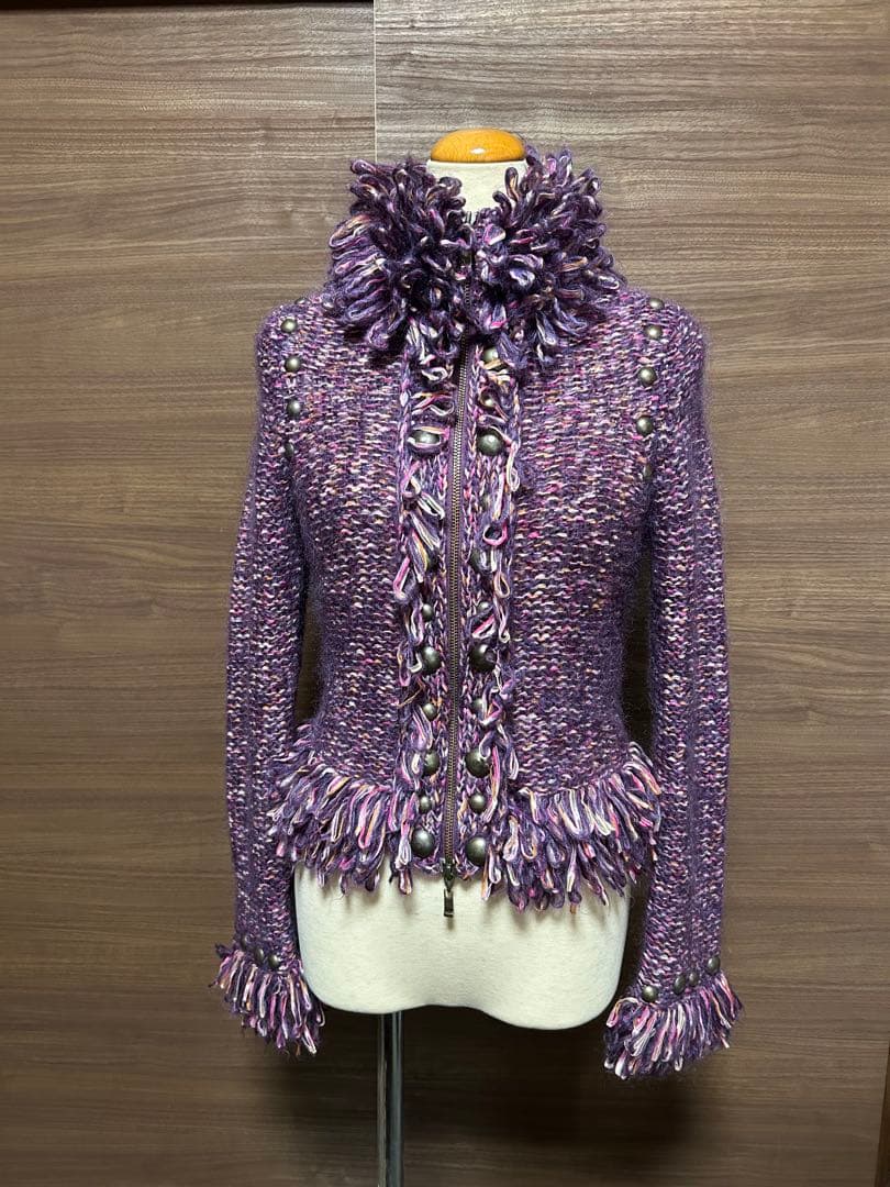 エポカ:紫色フリル モヘヤニットジャケット40 ジャギー