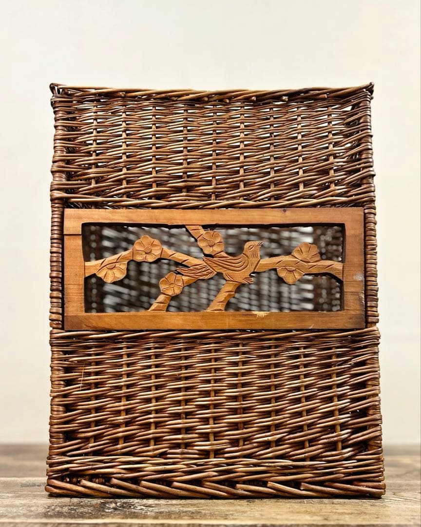 20世紀中頃　柳編み 収納かご バスケット 木彫装飾 鳥 手編み ウィロー　藤