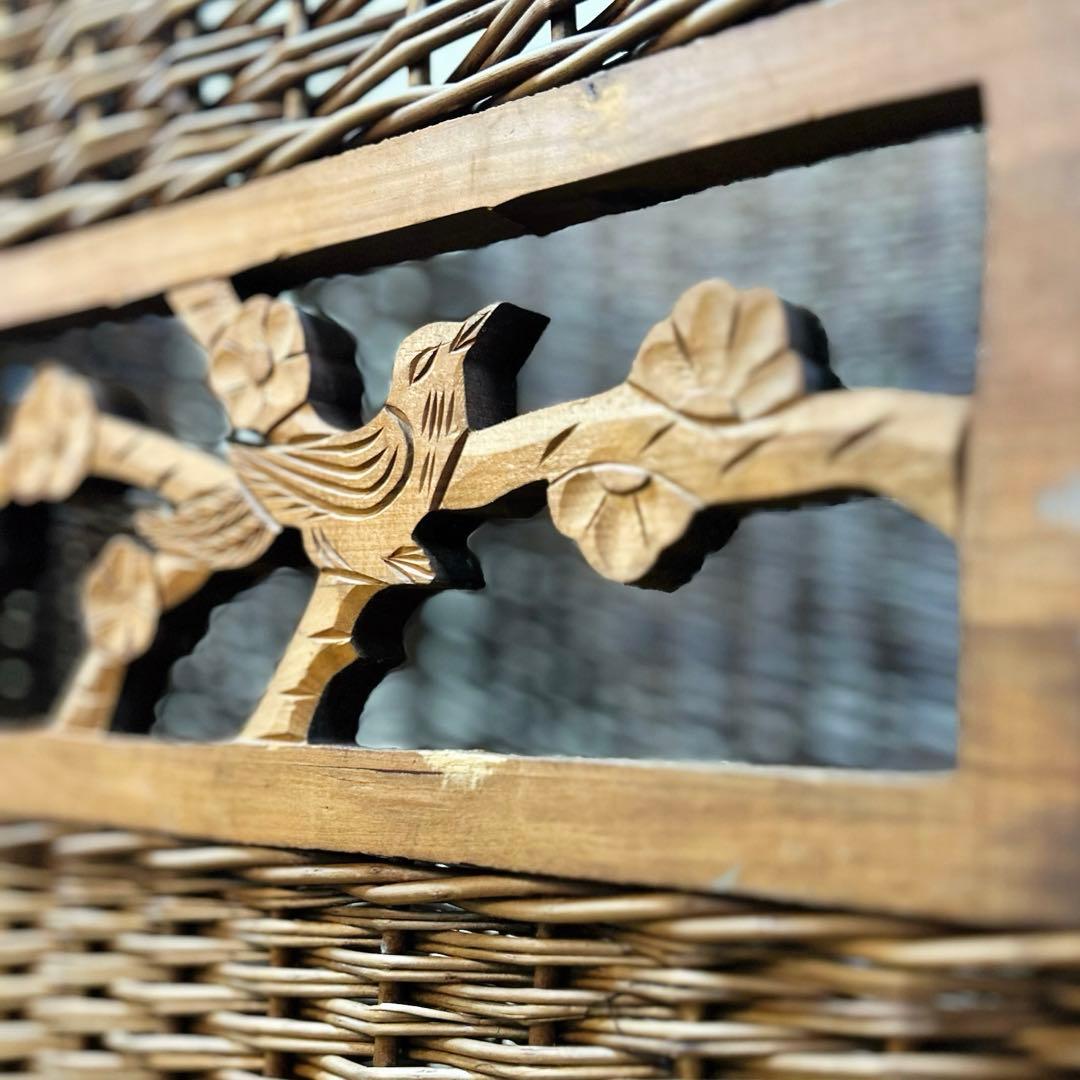 20世紀中頃　柳編み 収納かご バスケット 木彫装飾 鳥 手編み ウィロー　藤