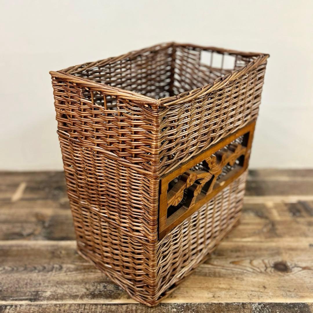 20世紀中頃　柳編み 収納かご バスケット 木彫装飾 鳥 手編み ウィロー　藤