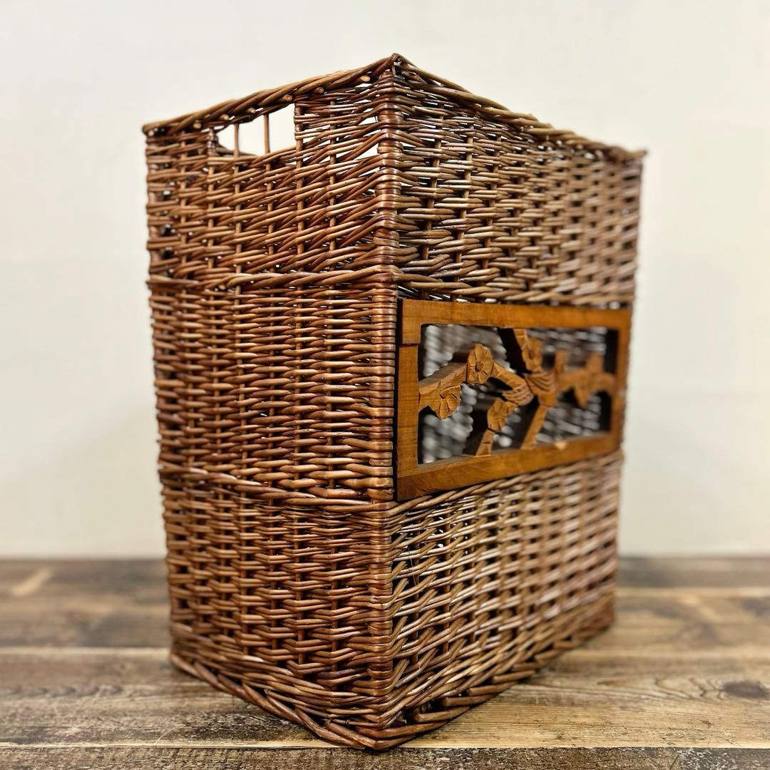 20世紀中頃　柳編み 収納かご バスケット 木彫装飾 鳥 手編み ウィロー　藤