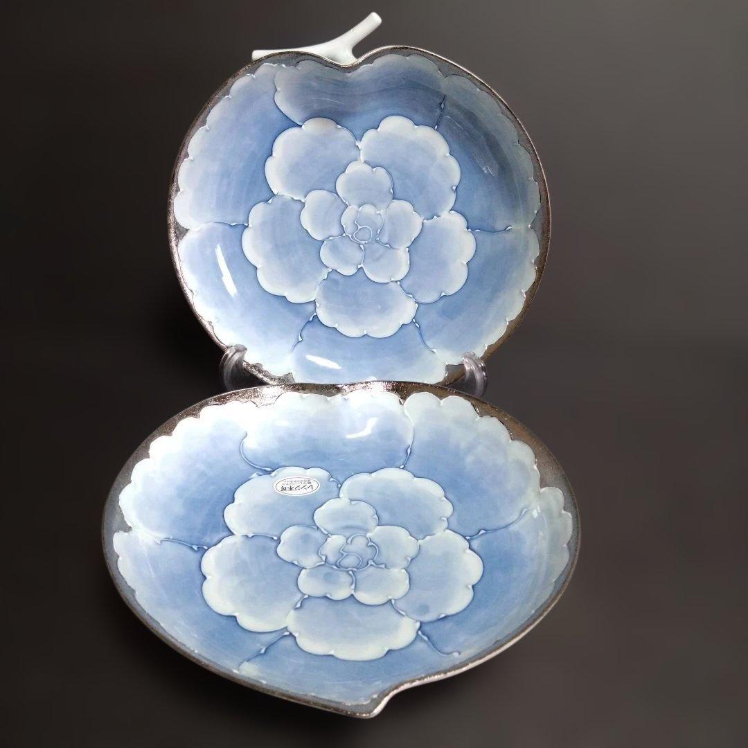 未使用 有田焼 文山窯 プラチナ牡丹 りんご 皿2枚