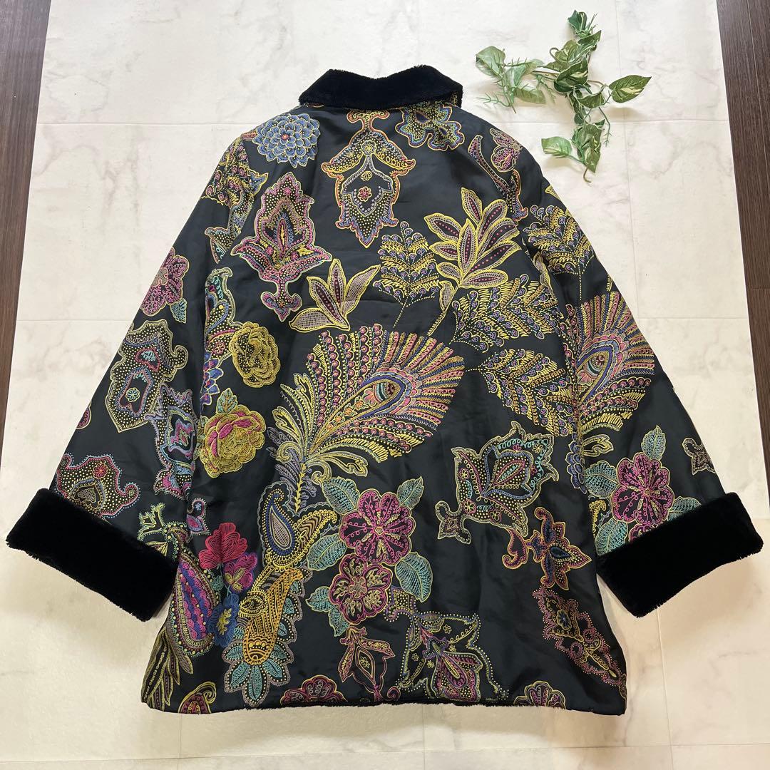 訳アリ　レオナール　シルク100%中綿コート　大きいサイズ13 総柄　ブラック