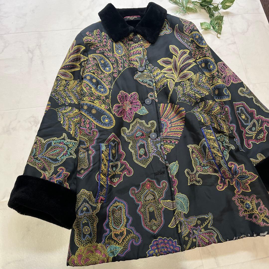 訳アリ　レオナール　シルク100%中綿コート　大きいサイズ13 総柄　ブラック