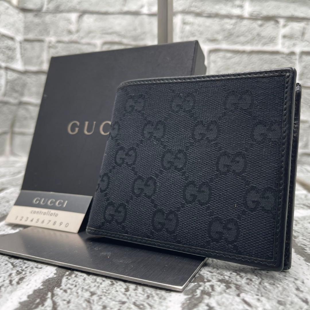 箱付き美品✨グッチ 二つ折り財布 コンパクトウォレット GGキャンバス ブラック