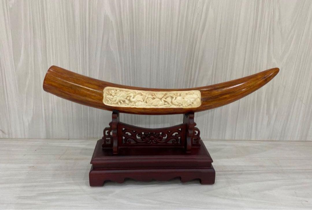 天然マンモス牙美しい手作り彫刻一鷺蓮昇 置物