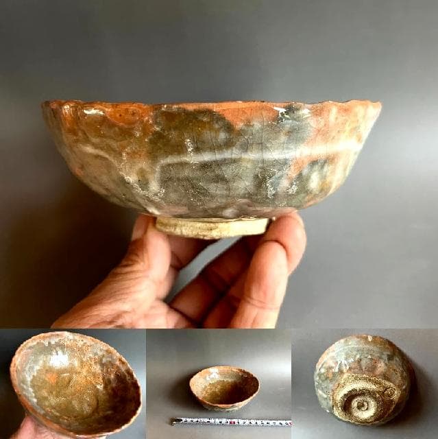 茶碗■古赤楽平茶碗【浪】和歌彫り 風 夏の夕暮れ お茶道具 時代物 骨董品■