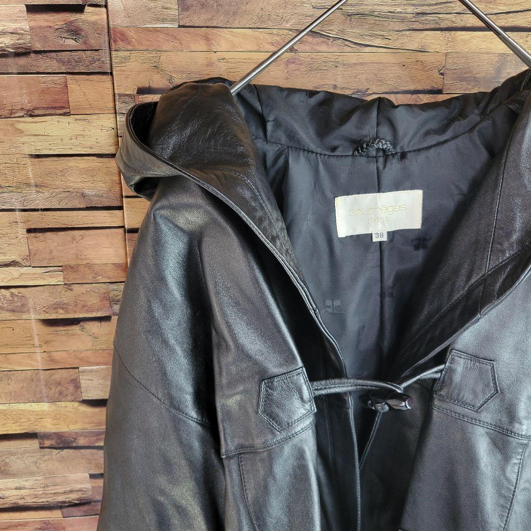 courreges クレージュ 日本製 レザーコートフード付 38 ブラック