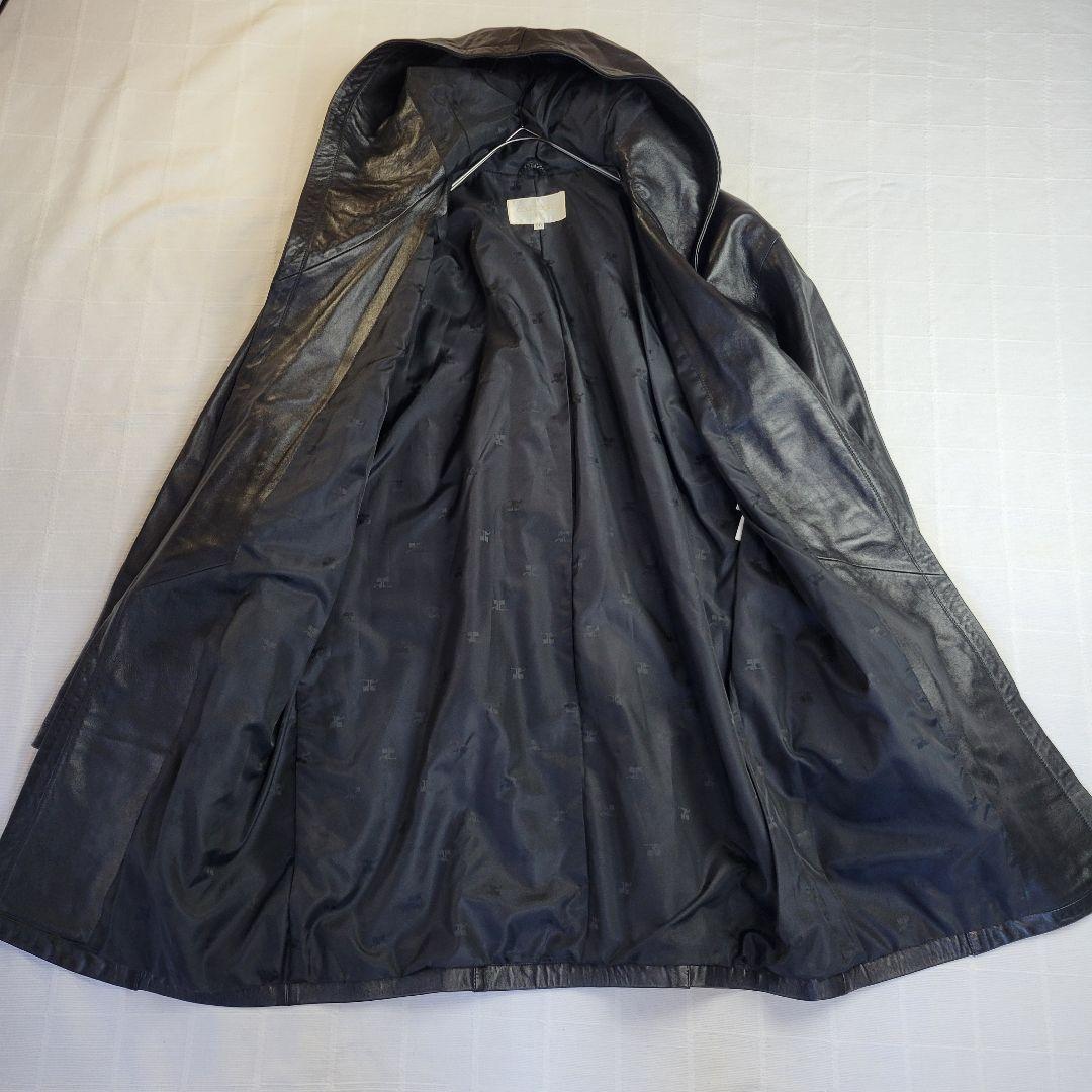 courreges クレージュ 日本製 レザーコートフード付 38 ブラック