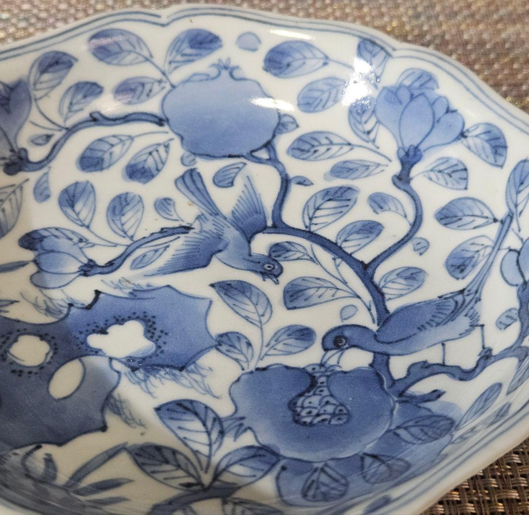 本物保証❗️】江戸前期～中期 藍柿右衛門　柘榴に双鳥図　14.8cm　 唐草文皿