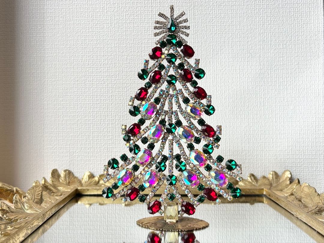 チェコガラス/ガラスツリー/赤/緑/オーロラ/卓上/クリスマス/ラインストーン