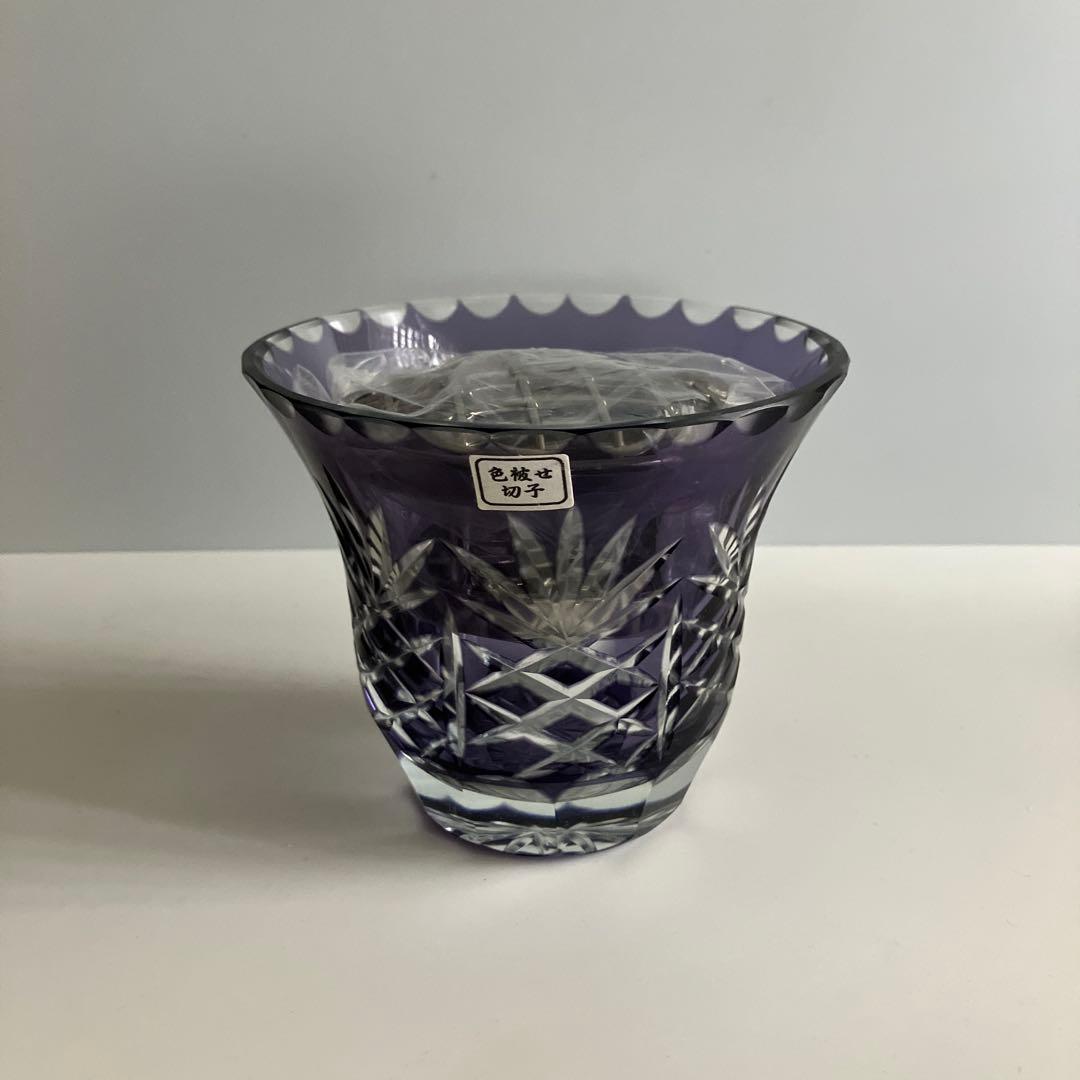 未使用　色被せ切子　ローズボウル　花瓶