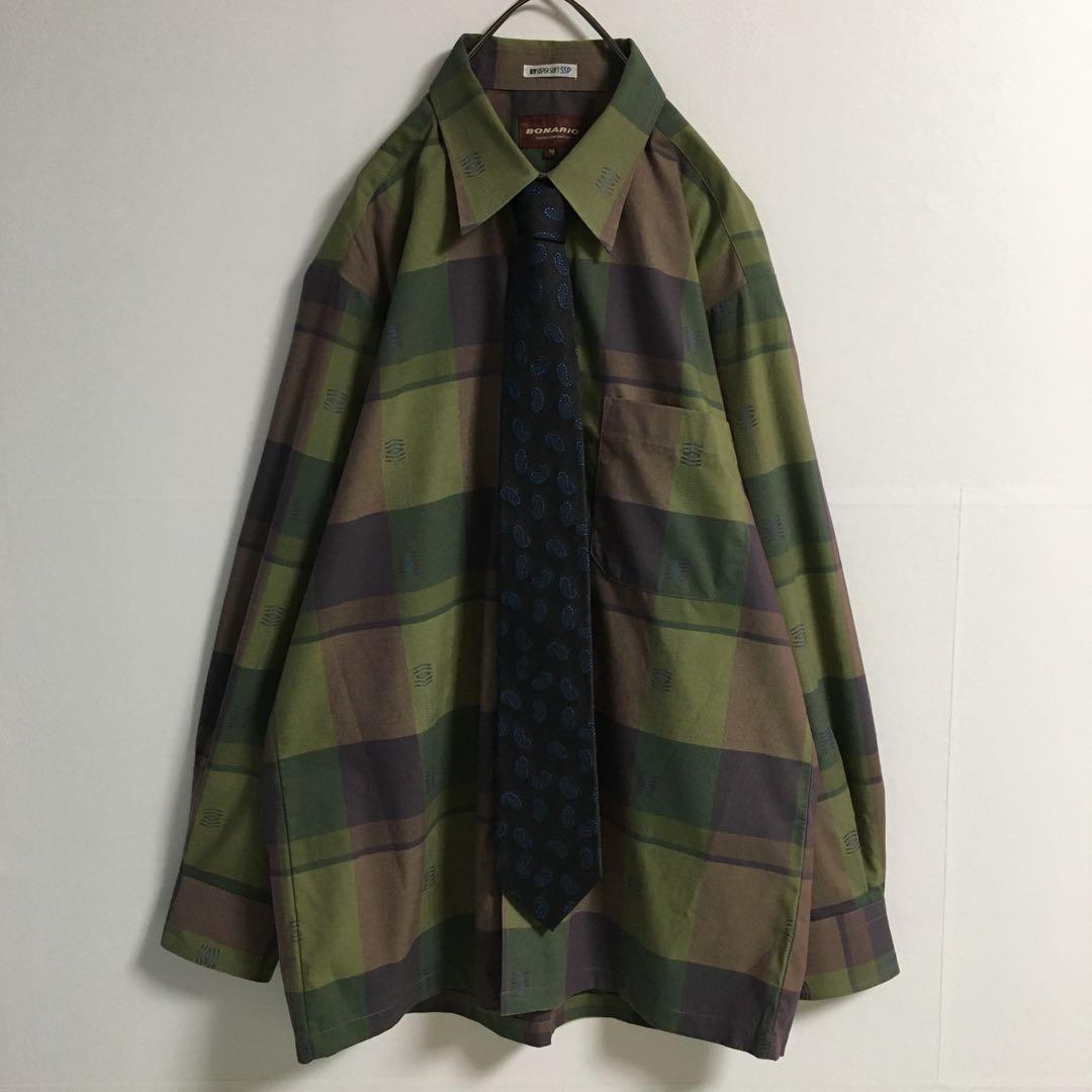 ネクタイシャツ 古着 ペイズリー柄シルクネクタイ チェックジャガードシャツ緑 紫