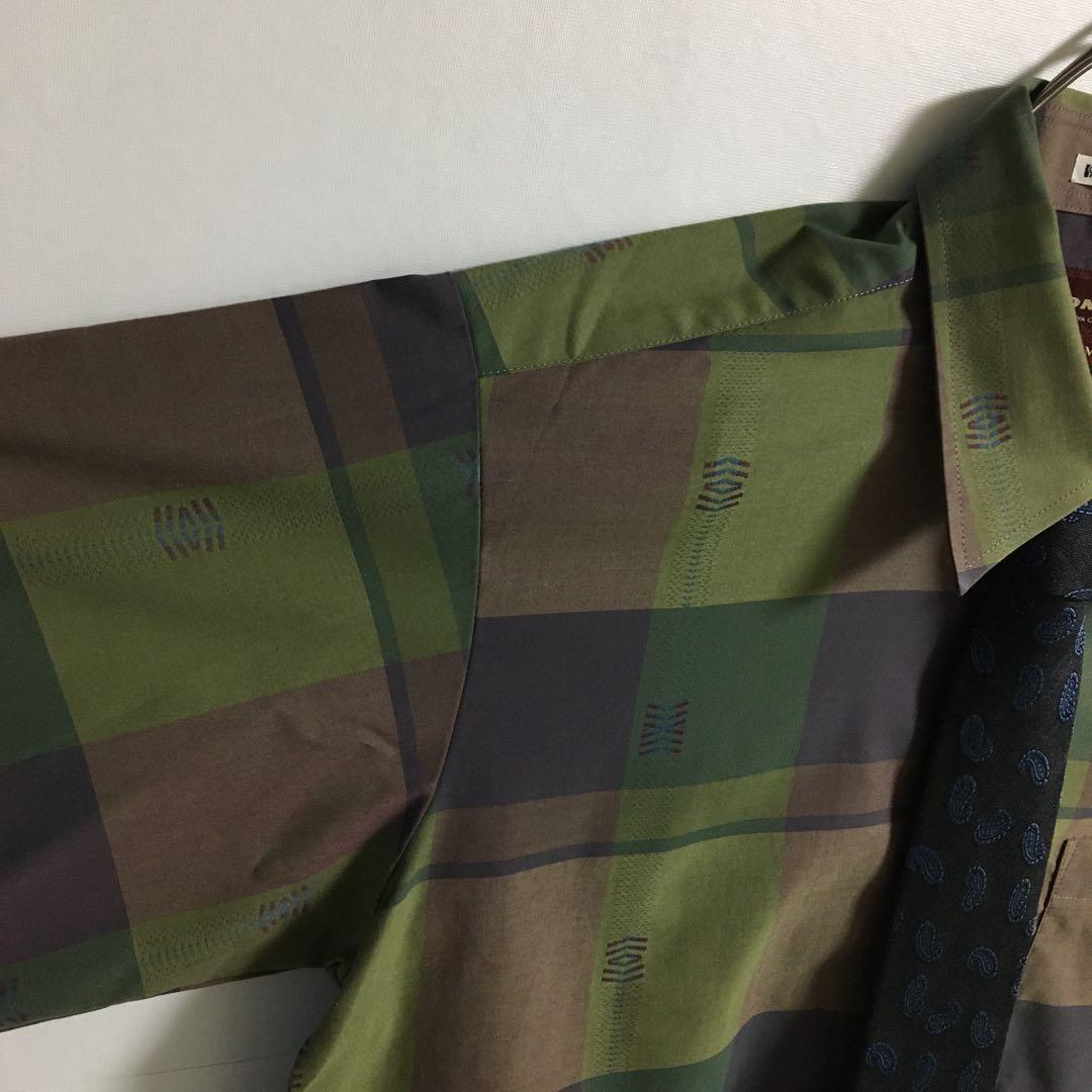 ネクタイシャツ 古着 ペイズリー柄シルクネクタイ チェックジャガードシャツ緑 紫