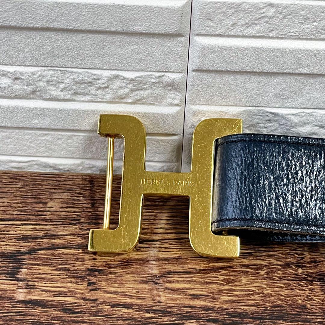 エルメス レザー Hバックル ゴールド 金具 ベルト ネイビー ブラウン.