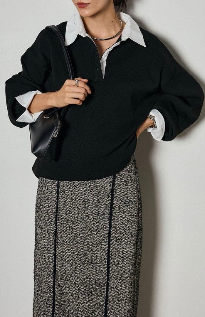 （ESICA/エシカ）襟付きポロトップス+ラインツイードワイドスカート　2set