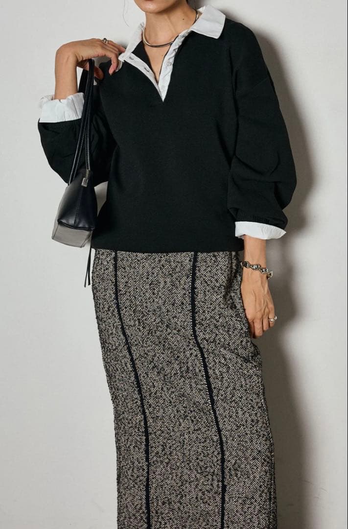 （ESICA/エシカ）襟付きポロトップス+ラインツイードワイドスカート　2set