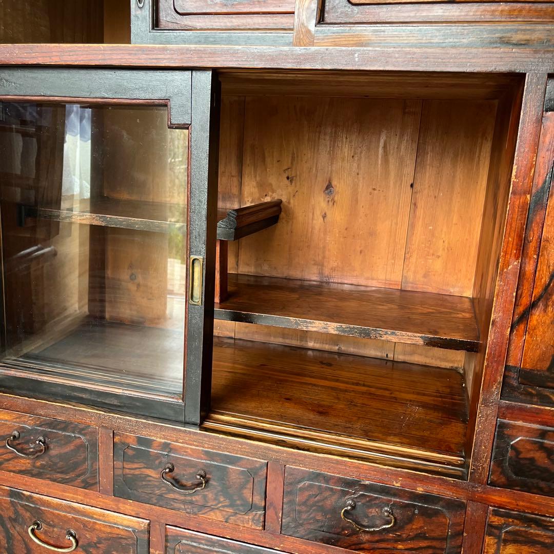 アンティーク 黒柿材 けやき ガラス 茶箪笥 キャビネット 昭和レトロ z460