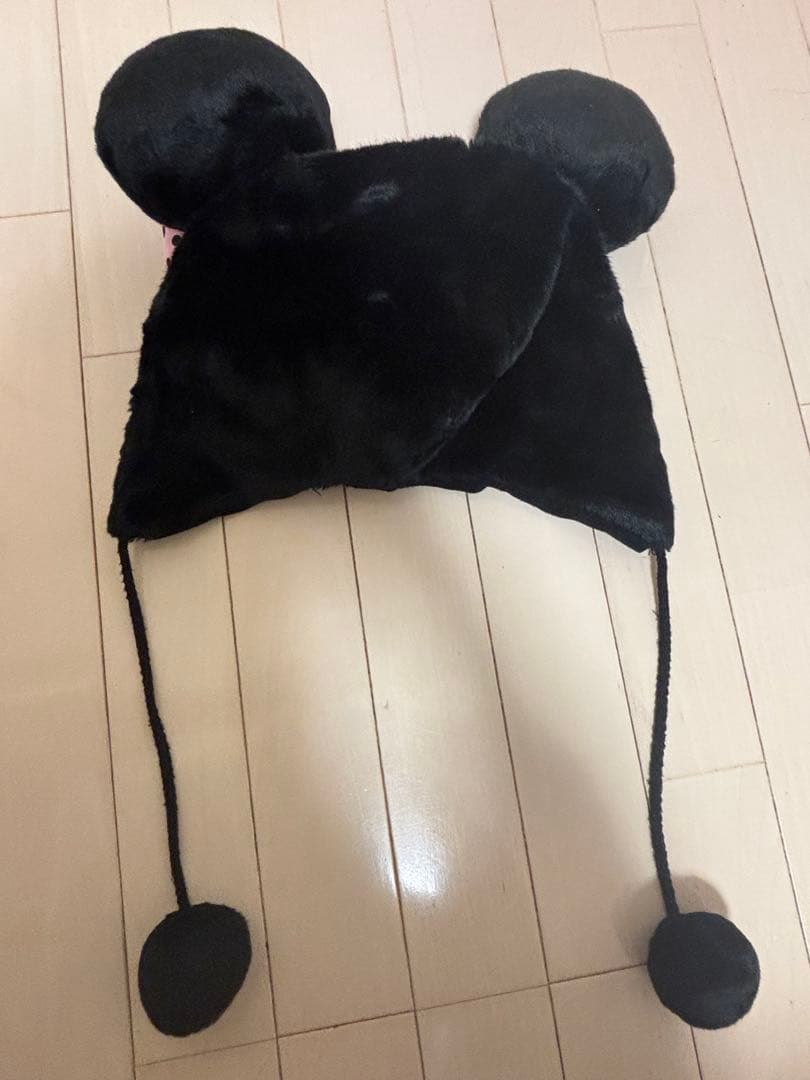 ミッキー風耳付き帽子 黒 ピンクリボン