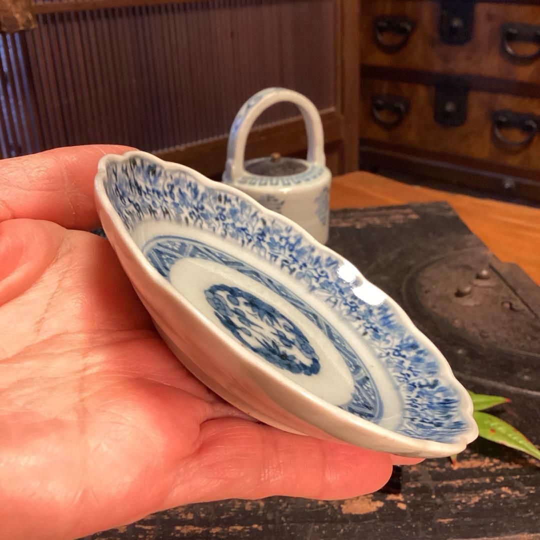 A1060 古伊万里　染付　花唐草　見込松竹梅に富士　輪花型　小皿　　5枚