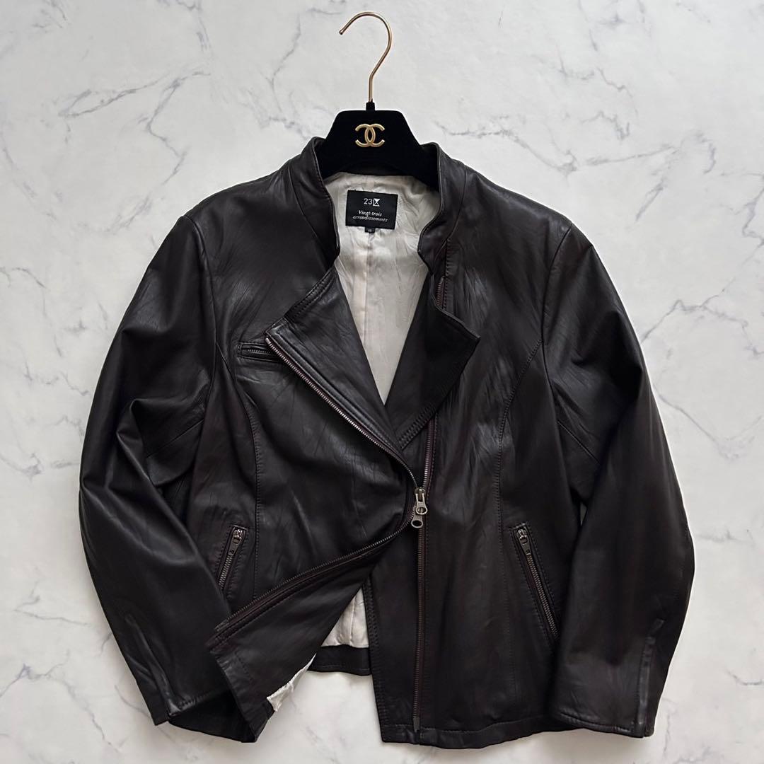 23区 ラムレザー羊革 ライダースジャケットダブル ノンカラー 2way 茶