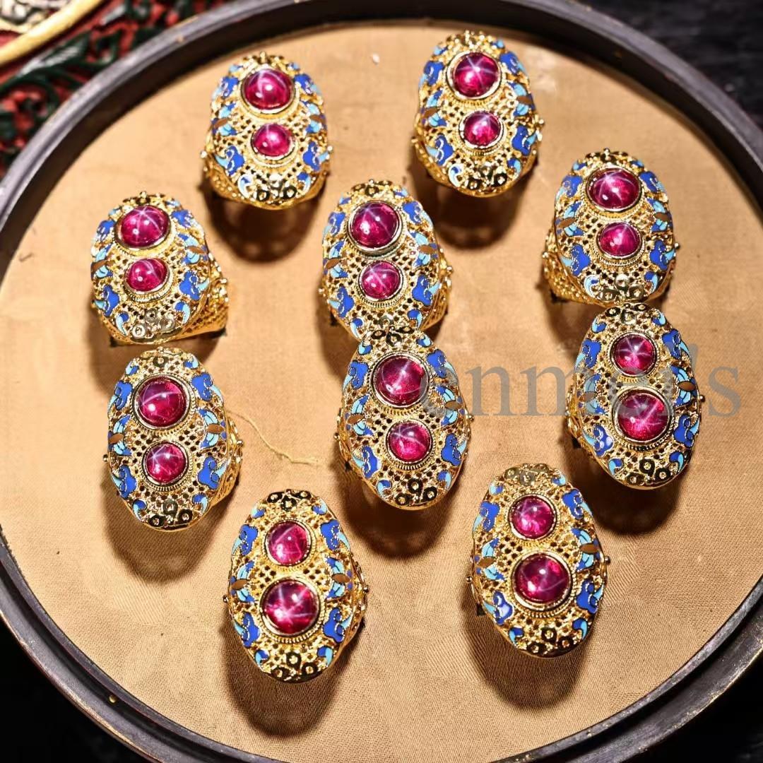 中国古美術・清代宮廷風 花絲鎏金×景泰藍 星光宝石リング 10個セット・圆箱付