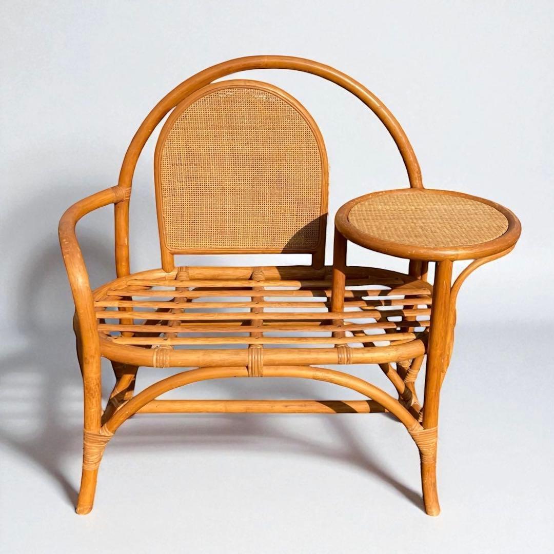 ラタン テレフォンべンチ 藤家具 椅子 テーブル付き 昭和レトロ ヴィンテージ